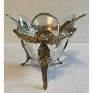 Vintage Tulip Glass Bowl Brass Roses Feather Footed Display Candle Holder Server